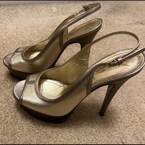 🔥 YSL Yves Saint Laurent Tribute Platform Pewter Gold Slingback heels 🔥